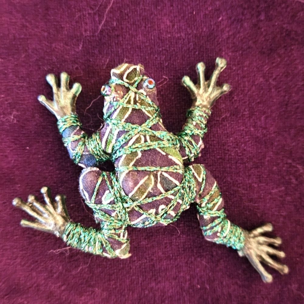 Unique Fabric Frog Brooch pin with Green and Purple Accents